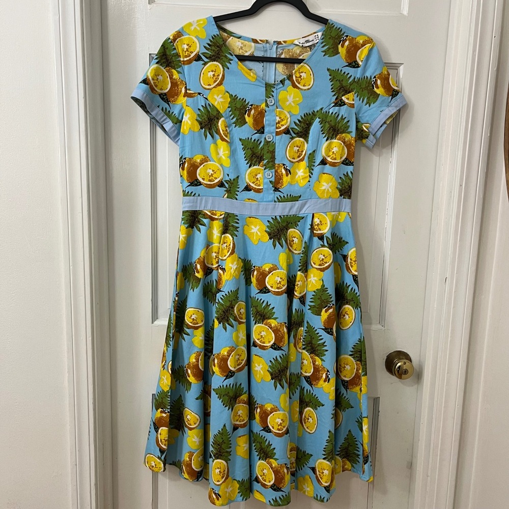 Orchid Bloom Aqua Lemon Swing Dress Sz‎ 10 Rockabilly Fit Flare Pin Up  Coquette